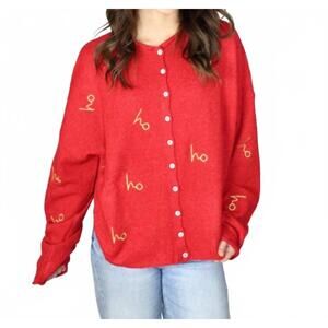 NEW THINGS BETWEEN ho ho ho embroidered cardigan in red/gold